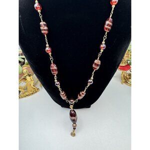 Murano Style Ruby Red Gold Foil Glass Beaded Necklace Venetian Lampwork Pretty